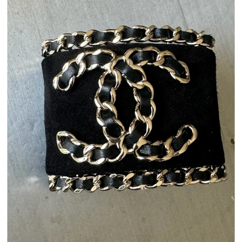 Chanel black suede chain cuff logo bracelet rare Preowned authentic